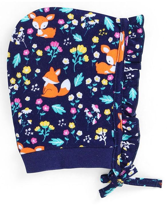 Babyhug 100% Cotton Knit Floral & Fox Printed Caps with Knit Pack of 2  - Navy Blue & Yellow