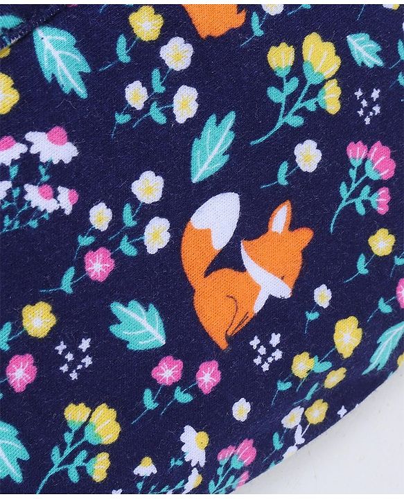 Babyhug 100% Cotton Knit Floral & Fox Printed Caps with Knit Pack of 2  - Navy Blue & Yellow