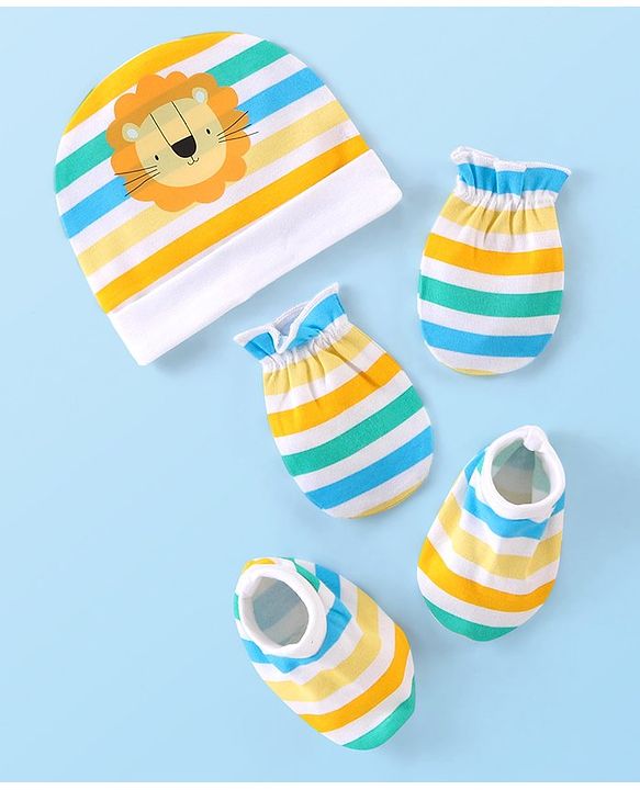 Babyhug 100% Cotton Interlock Knit Cap Mittens & Booties Set with Lion Print - Multicolor