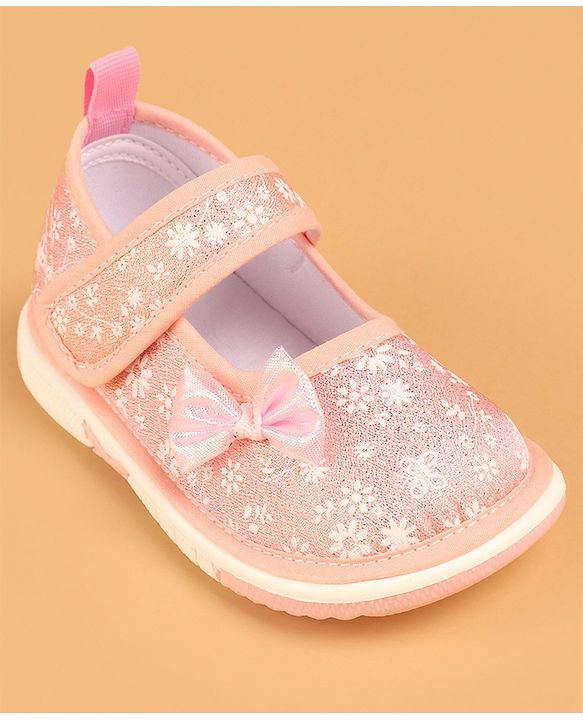 Cute Walk by Babyhug Casual Shoes With Velcro Closure & Bow Applique - Peach (Flower Colour May Vary)