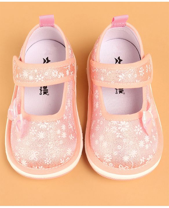 Cute Walk by Babyhug Casual Shoes With Velcro Closure & Bow Applique - Peach (Flower Colour May Vary)