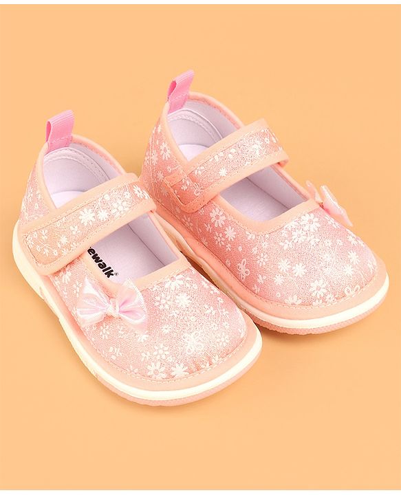 Cute Walk by Babyhug Casual Shoes With Velcro Closure & Bow Applique - Peach (Flower Colour May Vary)
