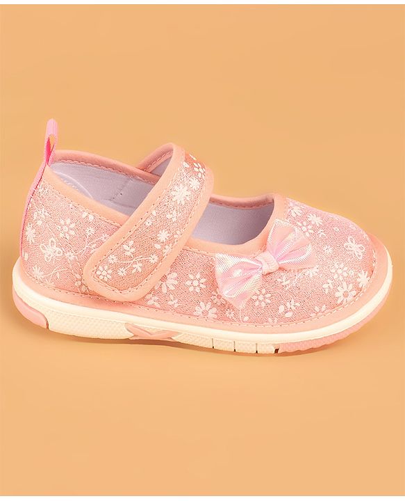 Cute Walk by Babyhug Casual Shoes With Velcro Closure & Bow Applique - Peach (Flower Colour May Vary)