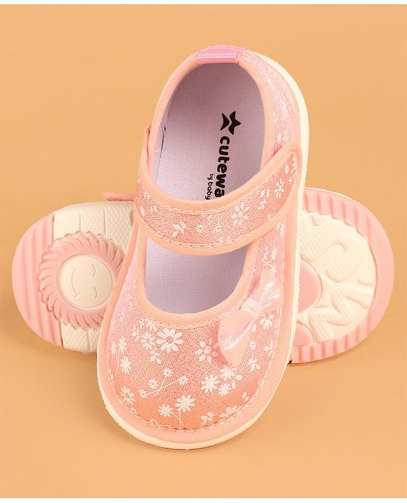 Cute Walk by Babyhug Casual Shoes With Velcro Closure & Bow Applique - Peach (Flower Colour May Vary)