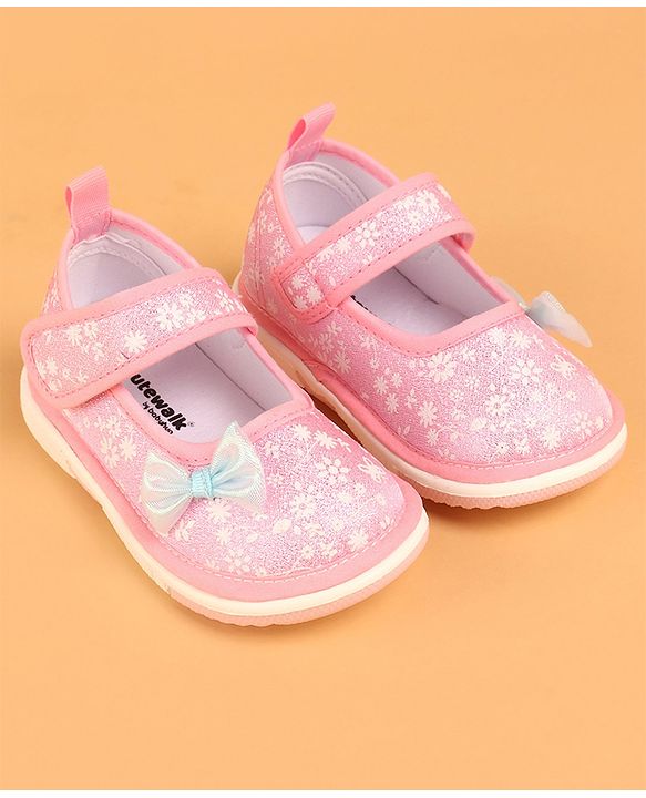 Cute Walk by Babyhug Casual Shoes With Velcro Closure & Bow Applique - Pink (Flower Colour May Vary)