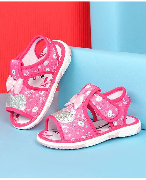 Cute Walk by Babyhug Sandals with Velcro Closure Bunny Print & Bow Applique - Fuchsia