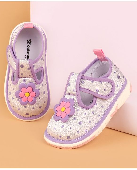 Cute Walk by Babyhug Velcro Closure Casual Shoes With Polka Dot Print & Flower Applique - Purple