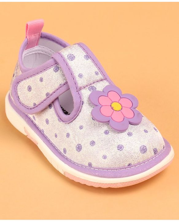 Cute Walk by Babyhug Velcro Closure Casual Shoes With Polka Dot Print & Flower Applique - Purple