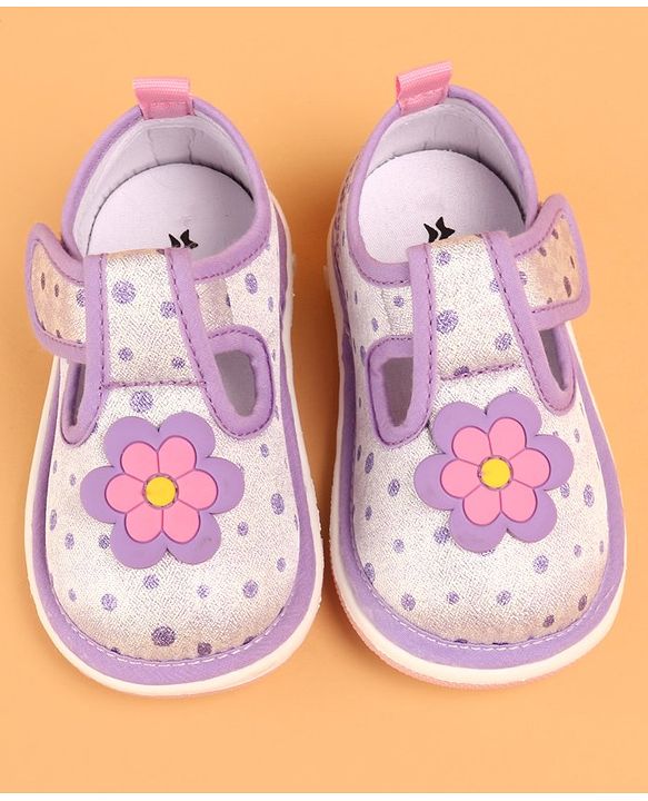 Cute Walk by Babyhug Velcro Closure Casual Shoes With Polka Dot Print & Flower Applique - Purple
