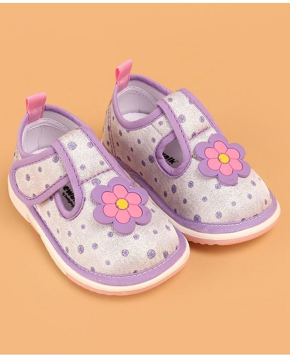 Cute Walk by Babyhug Velcro Closure Casual Shoes With Polka Dot Print & Flower Applique - Purple