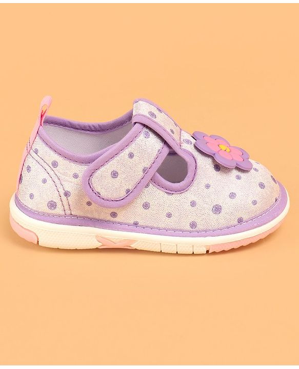 Cute Walk by Babyhug Velcro Closure Casual Shoes With Polka Dot Print & Flower Applique - Purple