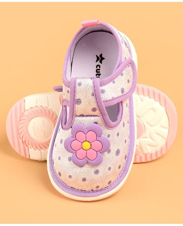 Cute Walk by Babyhug Velcro Closure Casual Shoes With Polka Dot Print & Flower Applique - Purple