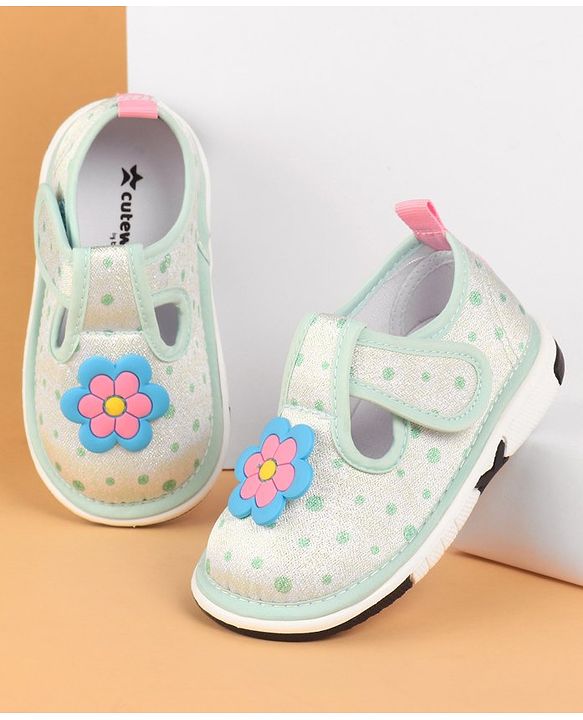 Cute Walk by Babyhug Velcro Closure Casual Shoes With Polka Dot Print & Flower Applique - Green