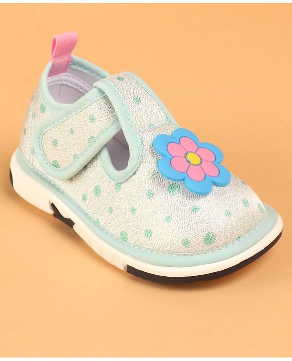 Cute Walk by Babyhug Velcro Closure Casual Shoes With Polka Dot Print & Flower Applique - Green