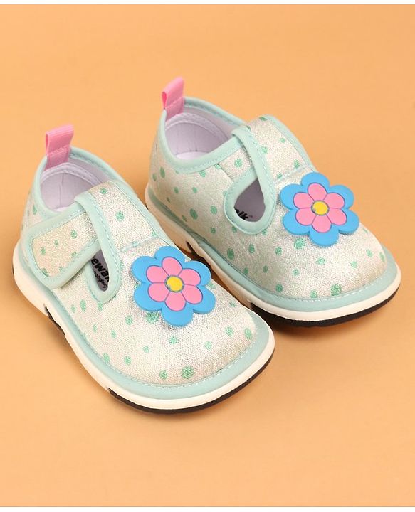 Cute Walk by Babyhug Velcro Closure Casual Shoes With Polka Dot Print & Flower Applique - Green
