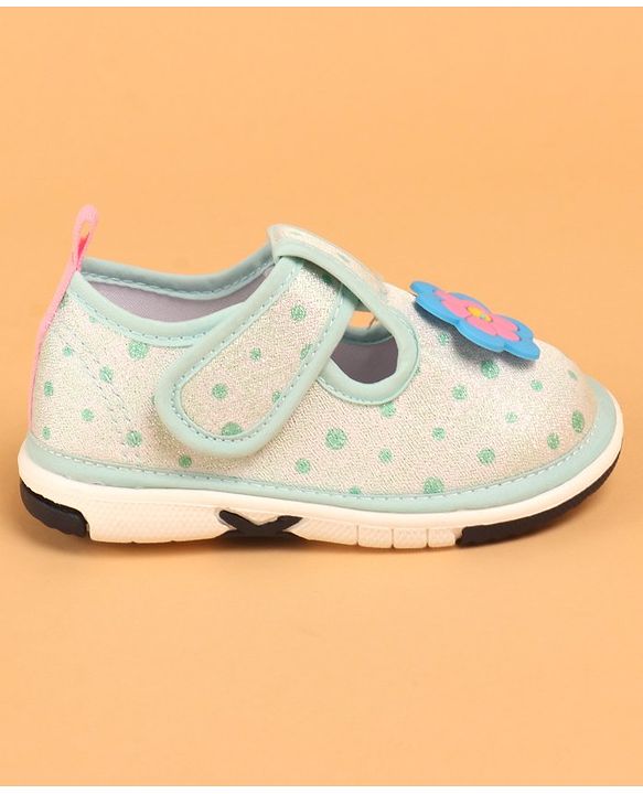 Cute Walk by Babyhug Velcro Closure Casual Shoes With Polka Dot Print & Flower Applique - Green
