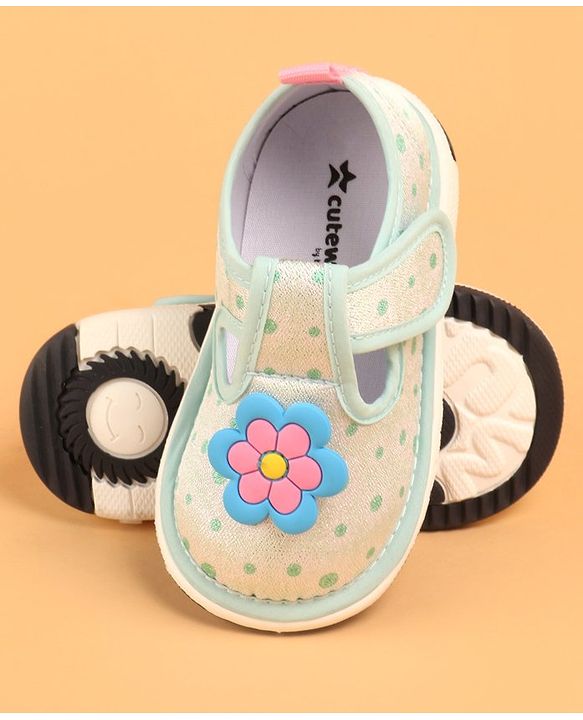 Cute Walk by Babyhug Velcro Closure Casual Shoes With Polka Dot Print & Flower Applique - Green