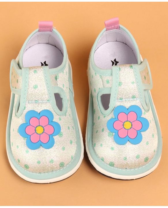 Cute Walk by Babyhug Velcro Closure Casual Shoes With Polka Dot Print & Flower Applique - Green