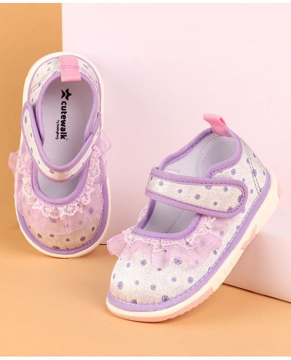 Cute Walk by Babyhug Velcro Closure Casual Shoes With Polka Dot Print & Lace Detailing - Purple