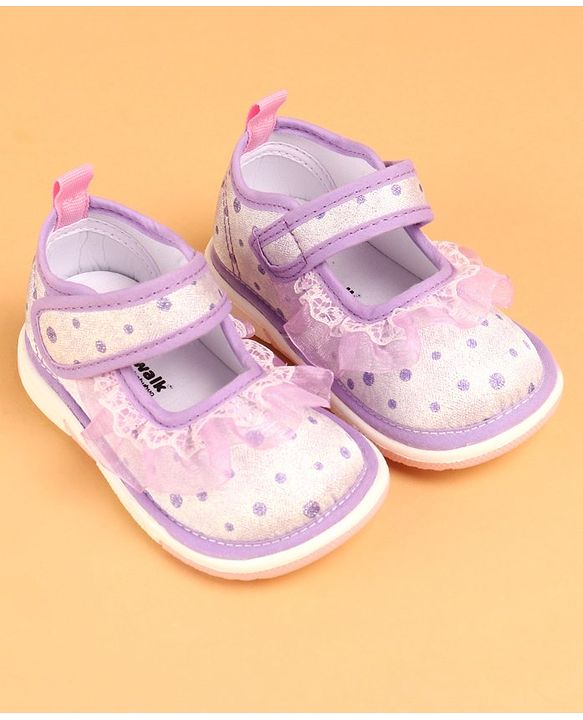 Cute Walk by Babyhug Velcro Closure Casual Shoes With Polka Dot Print & Lace Detailing - Purple