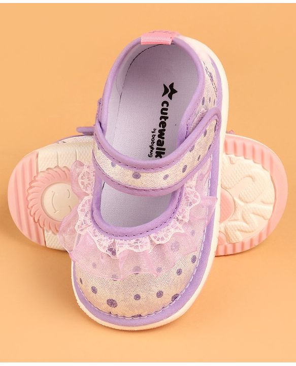 Cute Walk by Babyhug Velcro Closure Casual Shoes With Polka Dot Print & Lace Detailing - Purple