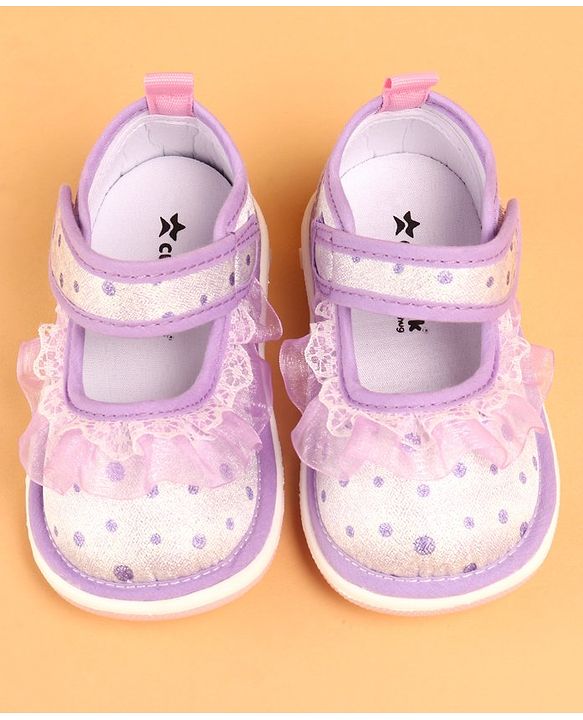 Cute Walk by Babyhug Velcro Closure Casual Shoes With Polka Dot Print & Lace Detailing - Purple