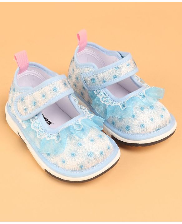 Cute Walk by Babyhug Velcro Closure Casual Shoes With Polka Dot Print & Lace Detailing - Blue