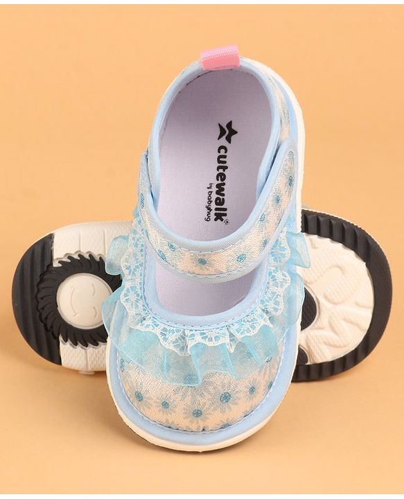 Cute Walk by Babyhug Velcro Closure Casual Shoes With Polka Dot Print & Lace Detailing - Blue