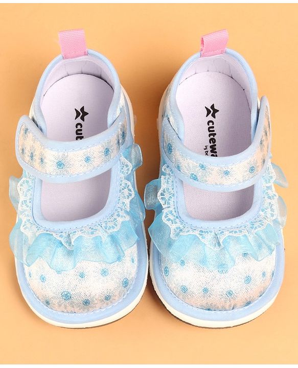 Cute Walk by Babyhug Velcro Closure Casual Shoes With Polka Dot Print & Lace Detailing - Blue