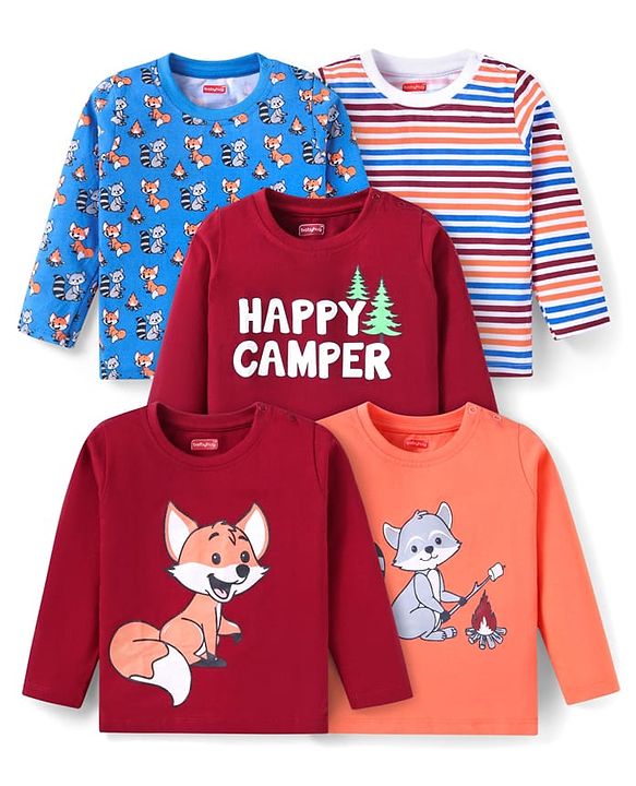 Babyhug Cotton Knit Full Sleeves T-Shirts With Strips & Animal Print Pack of 5 - Dark Red & Blue