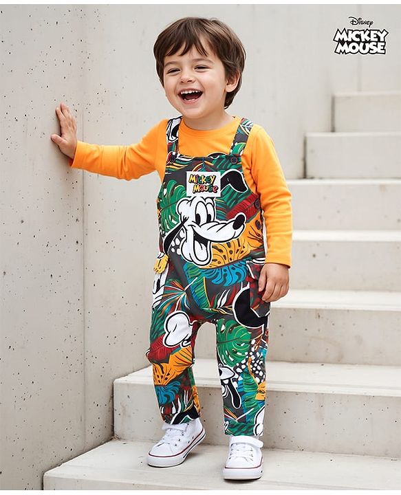 Babyhug Disney Terry Knit Full Sleeves Dungaree Set With Mickey Mouse All Over Print Badge Detailing - Yellow