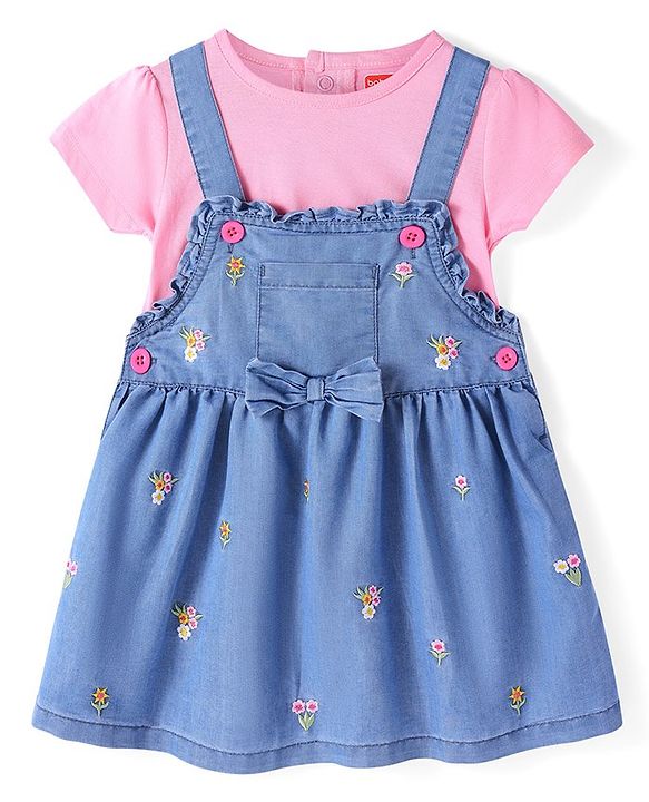 Babyhug Denim Woven Frock With Half Sleeves Inner Tee Floral Embroidery & Bow Applique - Blue