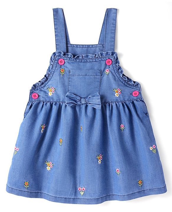 Babyhug Denim Woven Frock With Half Sleeves Inner Tee Floral Embroidery & Bow Applique - Blue
