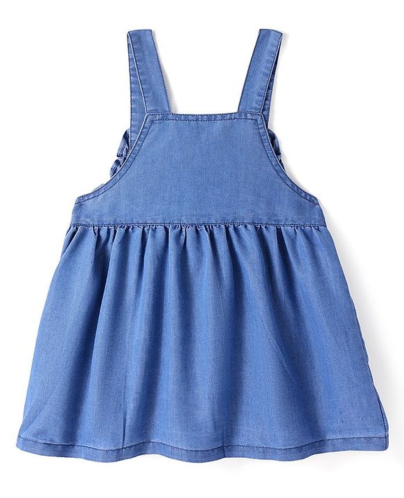 Babyhug Denim Woven Frock With Half Sleeves Inner Tee Floral Embroidery & Bow Applique - Blue