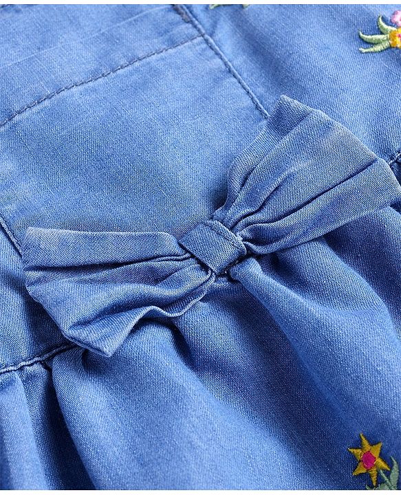 Babyhug Denim Woven Frock With Half Sleeves Inner Tee Floral Embroidery & Bow Applique - Blue