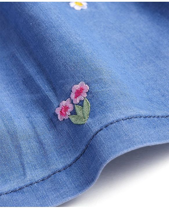 Babyhug Denim Woven Frock With Half Sleeves Inner Tee Floral Embroidery & Bow Applique - Blue