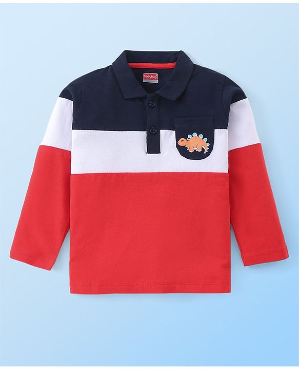 Babyhug Cotton Knit  Full Sleeves Polo T-Shirt with Dino Print - Red Blue & White