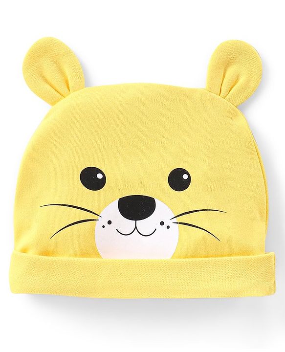 Babyhug Interlock Knit Cap With Bear Print & Applique - Yellow