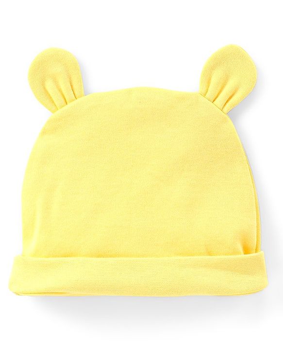 Babyhug Interlock Knit Cap With Bear Print & Applique - Yellow
