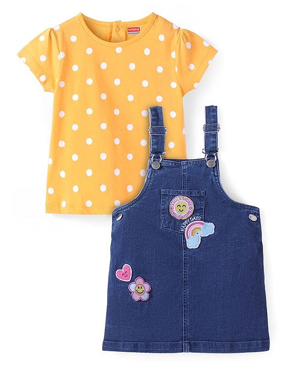 Babyhug Denim Knit Embroidered Frock With Half Sleeves Polka Dots Printed Inner Tee - Navy & Yellow