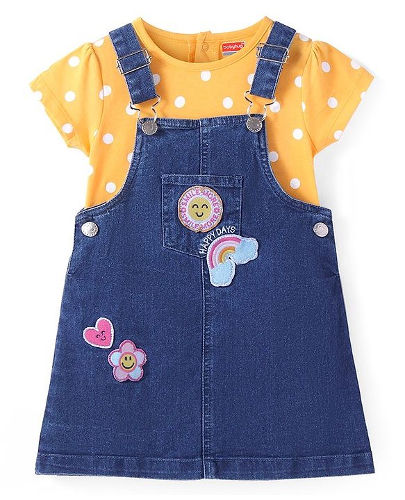 Babyhug Denim Knit Embroidered Frock With Half Sleeves Polka Dots Printed Inner Tee - Navy & Yellow