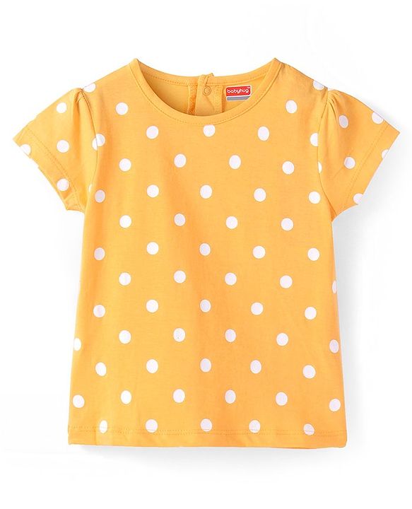 Babyhug Denim Knit Embroidered Frock With Half Sleeves Polka Dots Printed Inner Tee - Navy & Yellow