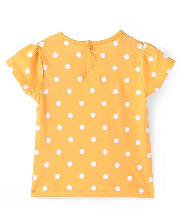Babyhug Denim Knit Embroidered Frock With Half Sleeves Polka Dots Printed Inner Tee - Navy & Yellow