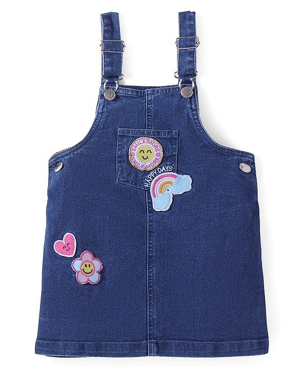 Babyhug Denim Knit Embroidered Frock With Half Sleeves Polka Dots Printed Inner Tee - Navy & Yellow