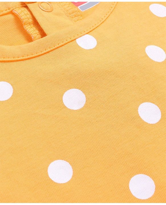 Babyhug Denim Knit Embroidered Frock With Half Sleeves Polka Dots Printed Inner Tee - Navy & Yellow