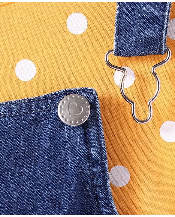 Babyhug Denim Knit Embroidered Frock With Half Sleeves Polka Dots Printed Inner Tee - Navy & Yellow
