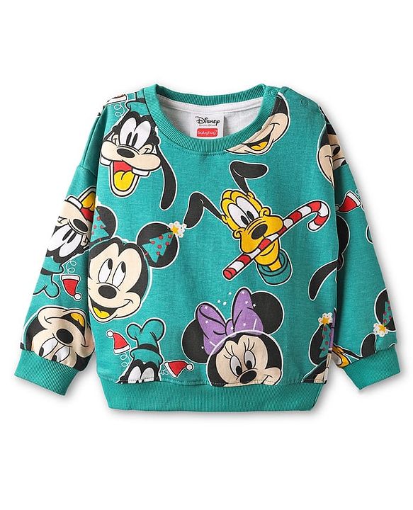Babyhug Disney Terry Knit Full Sleeves Oversized and Drop Shoulder Sweatshirt With Mickey Mouse Graphics - Green