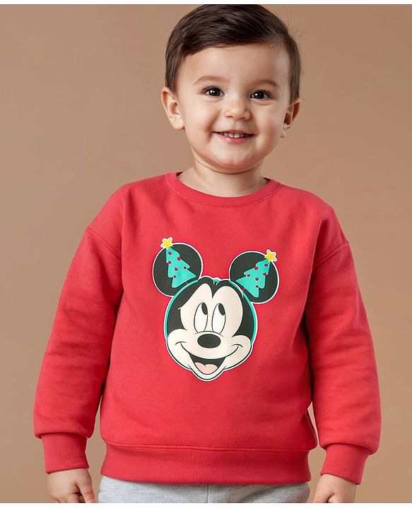 Babyhug Disney Terry Knit Full Sleeves Sweatshirt With Front & Back Mickey Mouse Graphics - Red