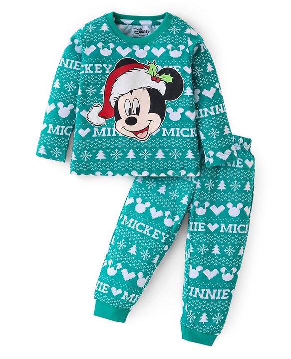 Babyhug Disney Single Jersey Knit Half Sleeves Shorts Night Suit With Mickey Mouse Graphic - White & Light Blue