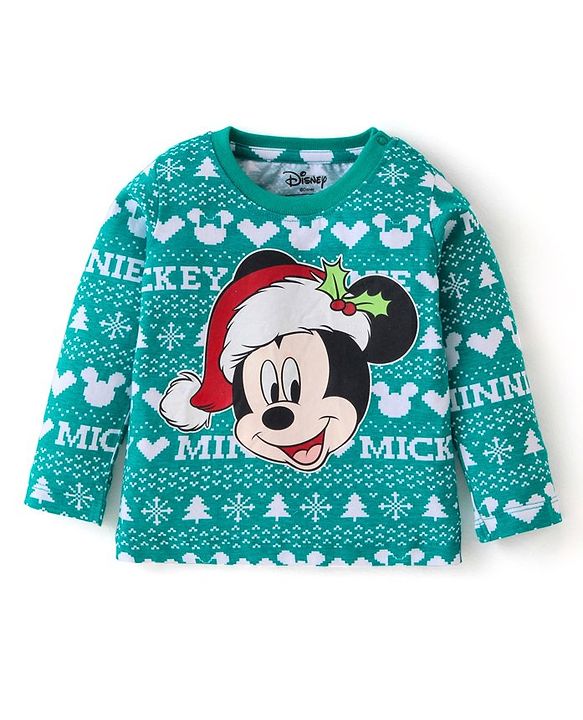 Babyhug Disney Single Jersey Knit Full Sleeves Night Suit With Mickey Mouse Graphics - Green